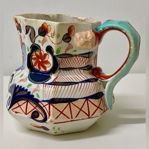 19th Century Antique Gaudy Welsh Eryri Pattern Human Faced Snake Handle Pitcher - Picture 7 of 16